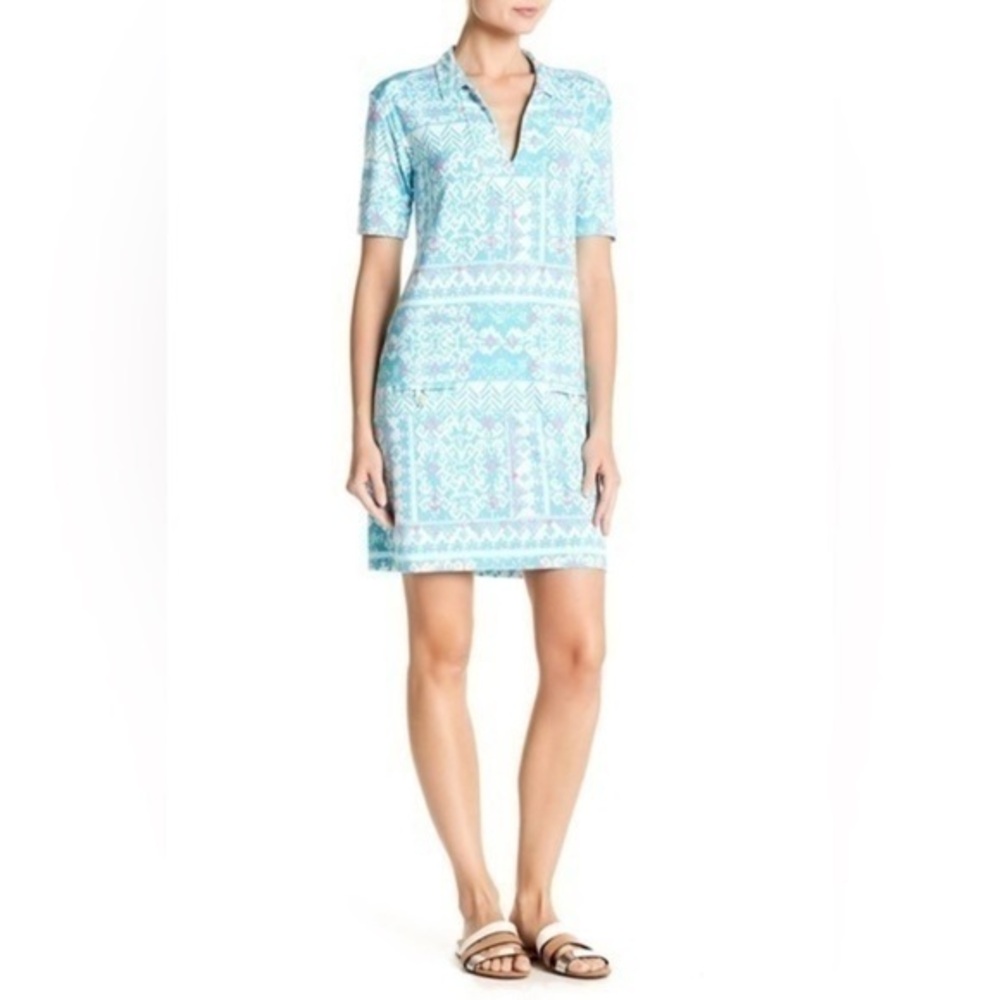 Tori Richard Aqua Print Short-Sleeve Polo Mini Dress